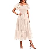 PRETTYGARDEN Women's Smocked Midi Tulle Dress 2026 Summer Puffy Short Sleeve Square Neck Ruffle Wedding Guest Party Dresses