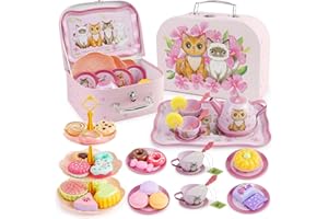 Fudragtn Tea Party Set for Little Girls, 50Pcs Kitchen Pretend Play Tea Time Toy with Tin Set, Desserts, Cake & Carrying Case, Birthday Gift for Kids Girls 3-6