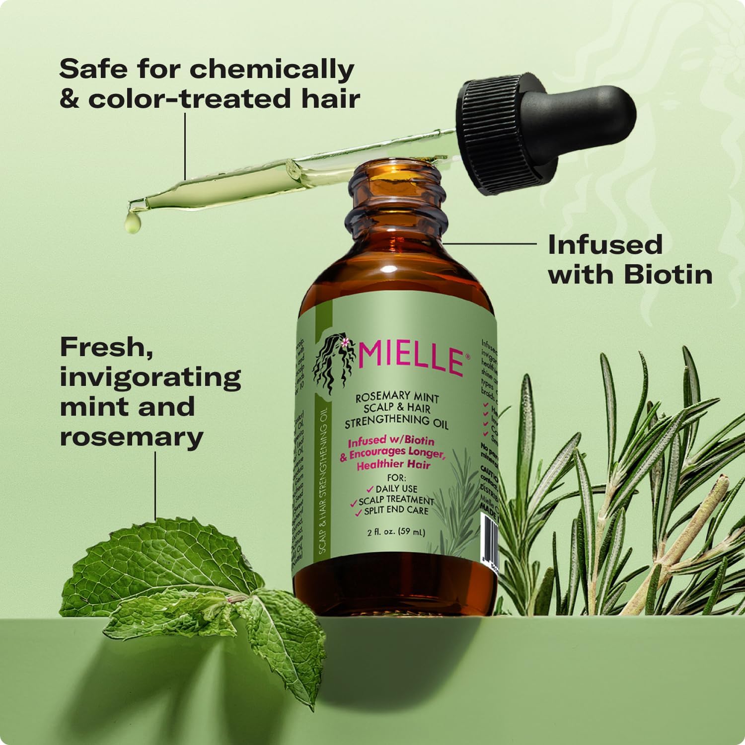 Mielle Organics Rosemary & Mint Hair Oil, Split Ends & Dry Scalp Treatment - Made with Biotin & Essential Oils for Strengthening, Soothing, Moisturizing & Encouraging Longer, Healthier Hair (2 Fl Oz)