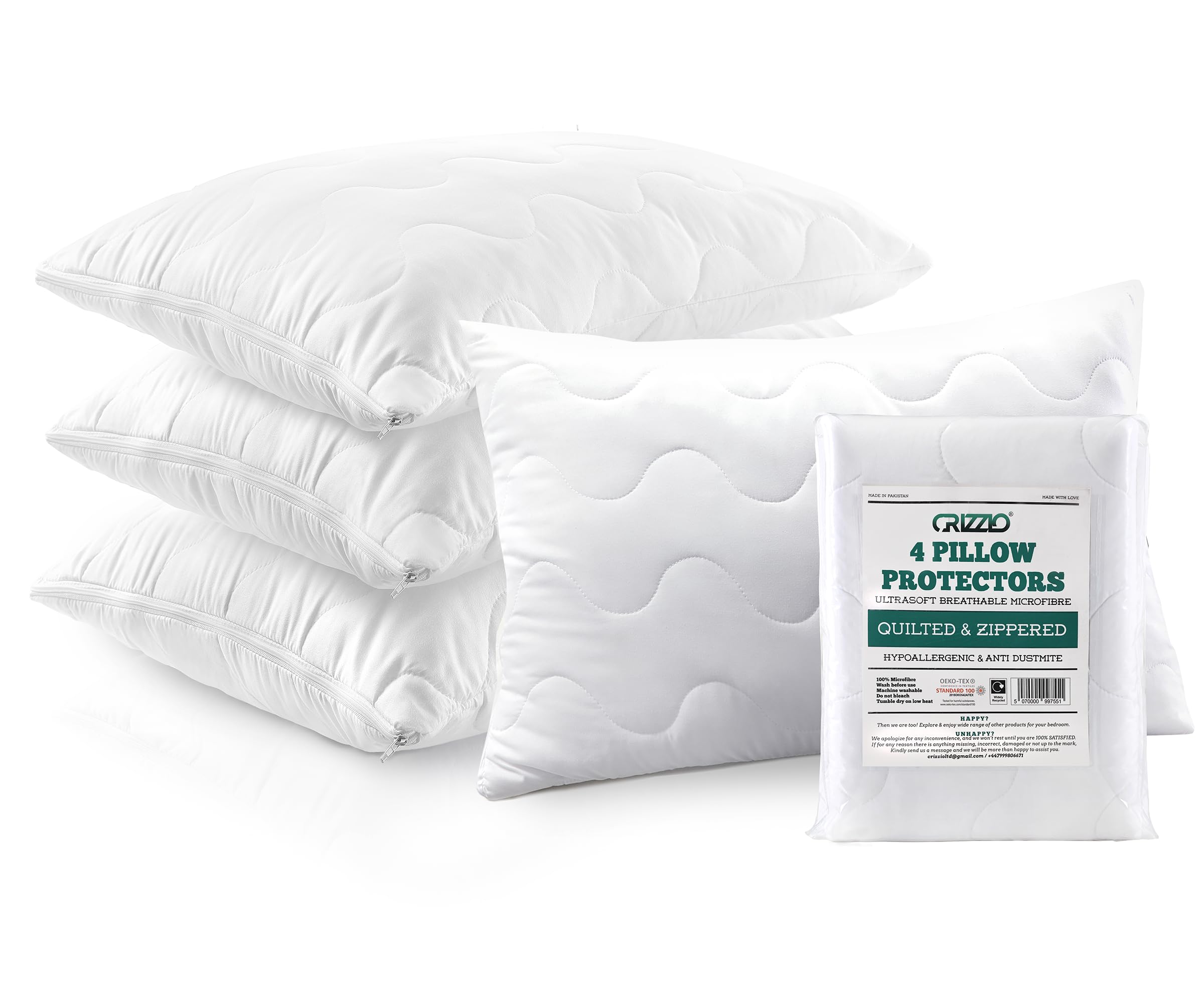 Crizzio® Quilted Pillow Protectors 4 Pack Zipped, Hypoallergenic, Zipped Pillow Protectors Dust Mite Proof, Breathable and Noiseless 100% Microfiber Pillowcase Protectors, UK Standard 50x75 CM