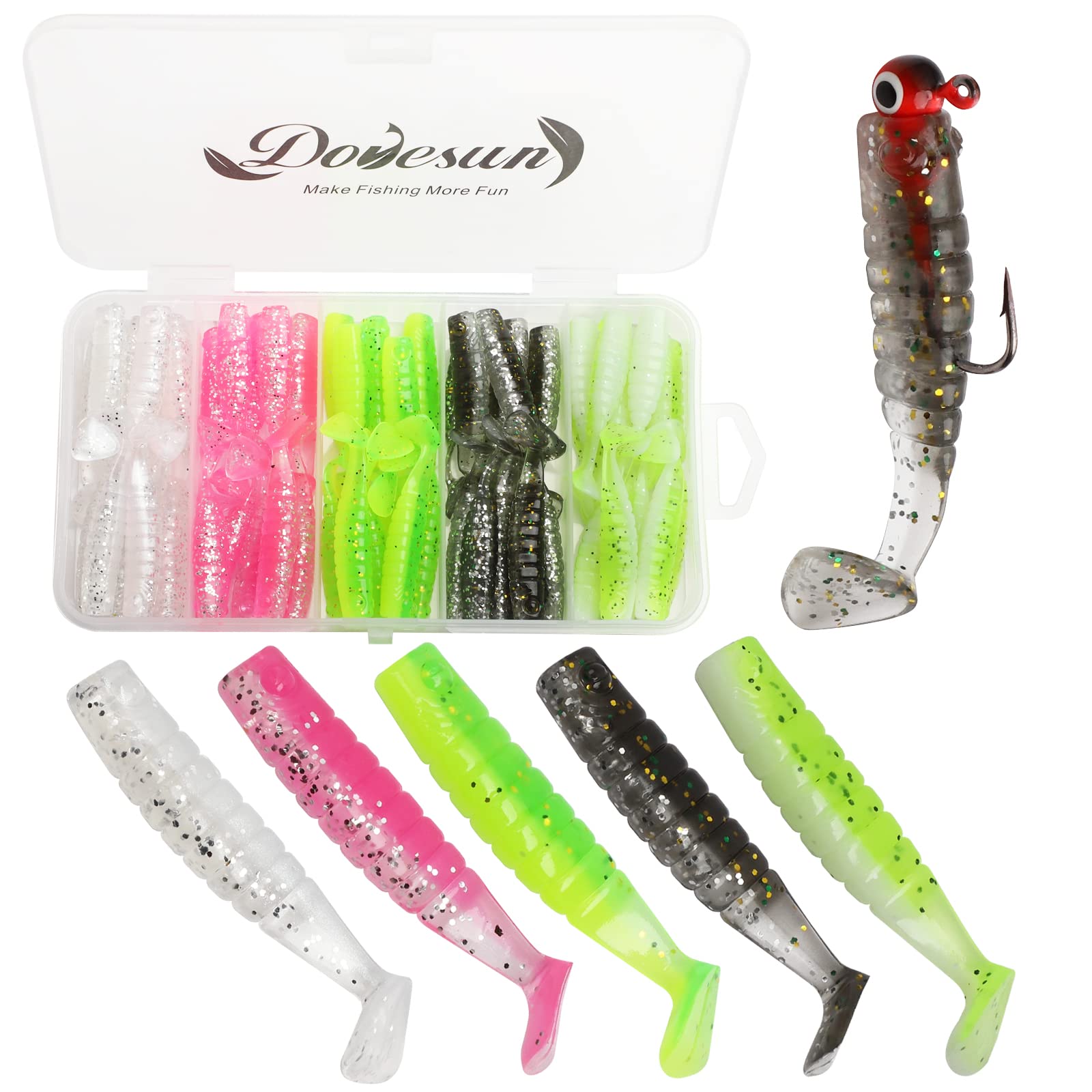 Dovesun Crappie Lures Kit, Fishing Soft Plastic lures Crappie Walleye Trout Bass Fishing Baits Paddle tail Swimbaits 60Pcs with Tackle Box