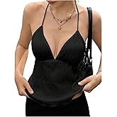 SweatyRocks Women's Deep V Neck Sequin Halter Tops Glitter Backless Sexy Going Out Top