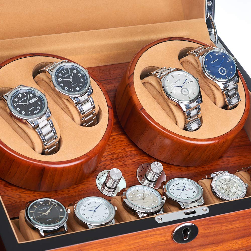 JQUEEN Automatic Wood Watch Winder Display Box 4+9 Storages,with 4 Rotation Mode Setting, Adjustable Watch Pillow for Men’s and Lady’s Automatic Watches Shaker