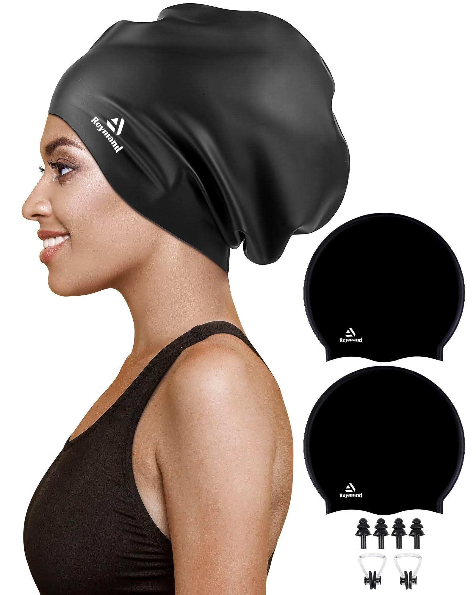 Reymand 2 Pack Extra Large Swimming Cap for Braids and Dreadlocks, Silicone Swimming Hat for Long Hair, Weaves, Curls & Afros, Waterproof Adult Swim Cap Bathing Caps for Women Men(Black+Black)