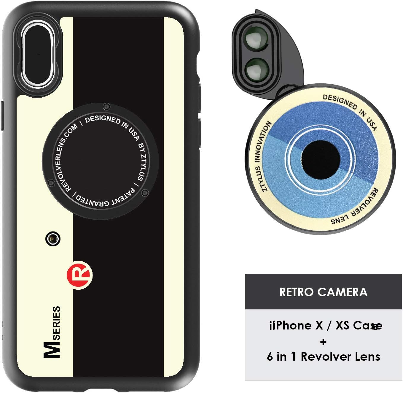 Ztylus Designer Revolver M Series Camera Kit: 6 in 1 Lens with Case for iPhone X/XS - 2x Telephoto Lens, Macro, Super Macro Lens, Wide Angle, Fisheye Lens (Retro Camera)