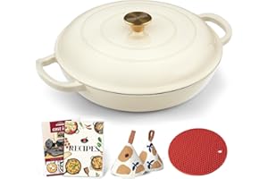 Overmont Enameled Cast Iron Braiser - 3.8 Quart with Cookbook & Lid - Dutch Oven Pot with Enamel Coating for Braising, Stews,