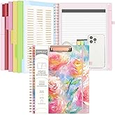 Ospelelf Pink Foldable Spiral Clipboard Folio with with Storage Zipper Pouch, 5 Plastic Folders with 10 Pockets, Leather Clipboard Folder with Notepad, 39 Divider Label Stickers (Rose)