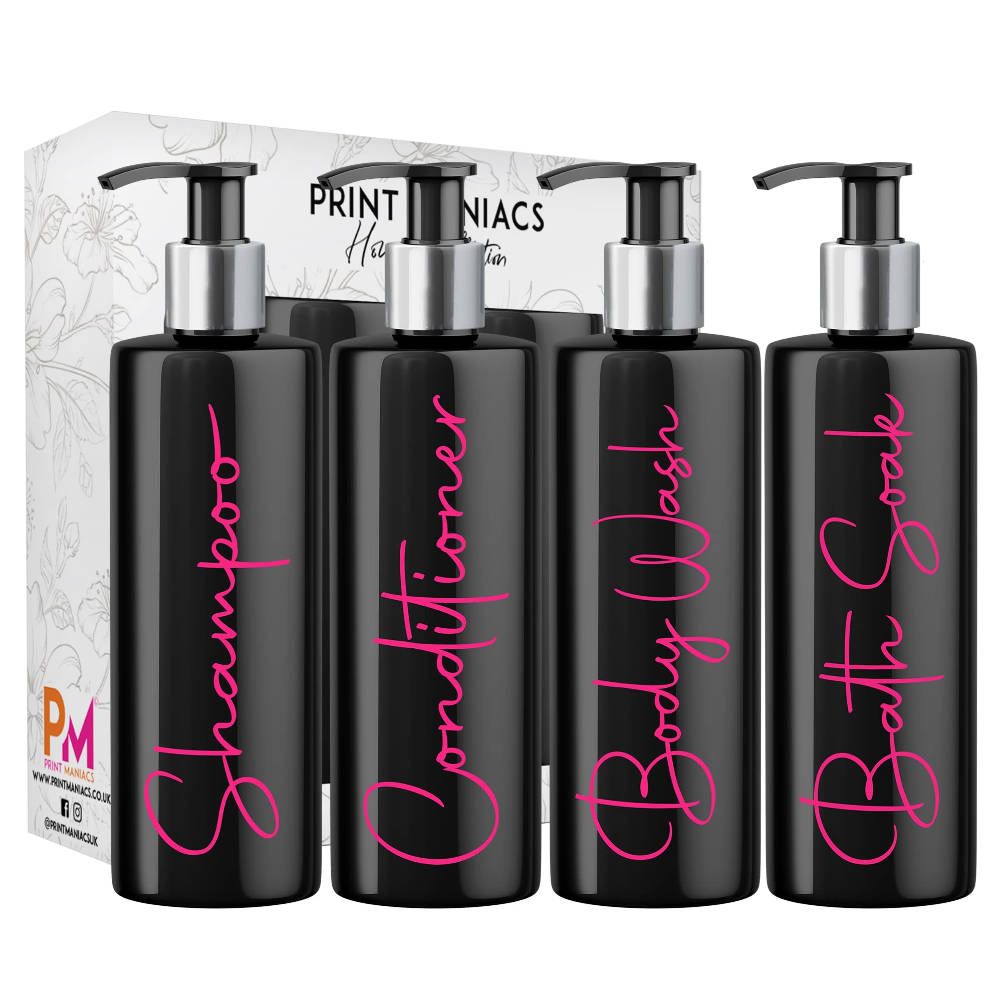 Print Maniacs Mrs Hinch Inspired Black Personalised Dispenser Silver Pump Bottles Set 4 (PINK,F2)