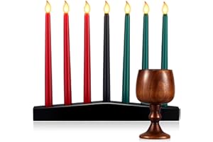 Riakrum 9 Pcs Kwanzaa Kinara Set Includes 3 Red 3 Green 1 Black LED Flameless Candles Black Wood Kinara Candle Holder Wooden Wine Goblet for Kwanzaa Celebration Party Supplies Home Decorations