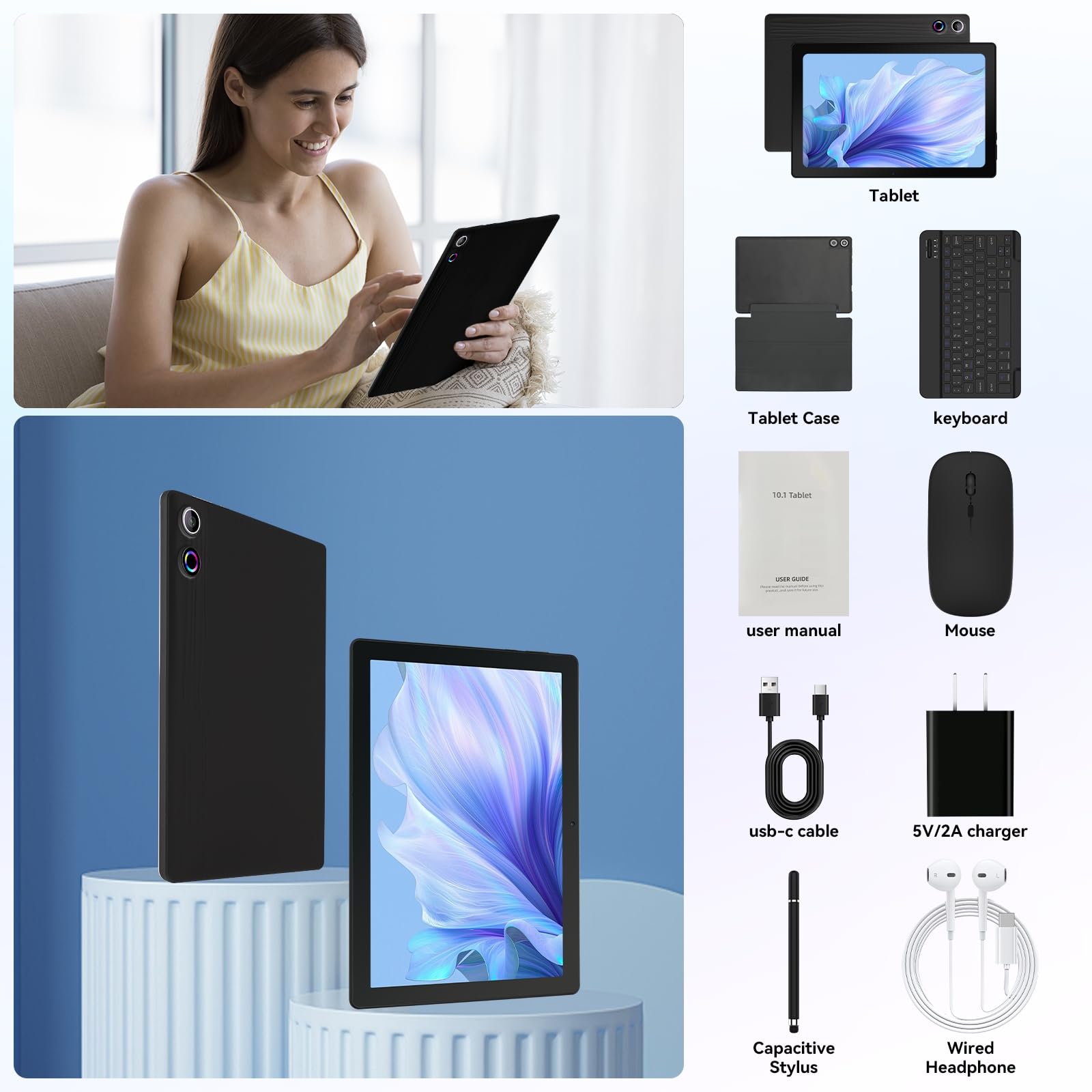 Tablets 10 inch Tablet Android 14,Octa-Core Processor,12GB RAM 64GB ROM 1TB Expand,5G WiFi 6,1280 x 800 HD/Dual 5MP+8MP Camere,Android Tablet with Keyboard+ Mouse + Case (Black, L)