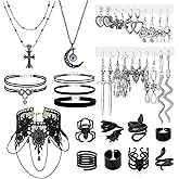 25 Pcs Gothic Grunge Y2K Accessories for Women - Goth Punk Jewelry Set Victorian Choker Necklace & Vintage Earrings Pack Dark Aesthetic Stainless Steel Rings Moon Cross Necklace for Alternative Fashion
