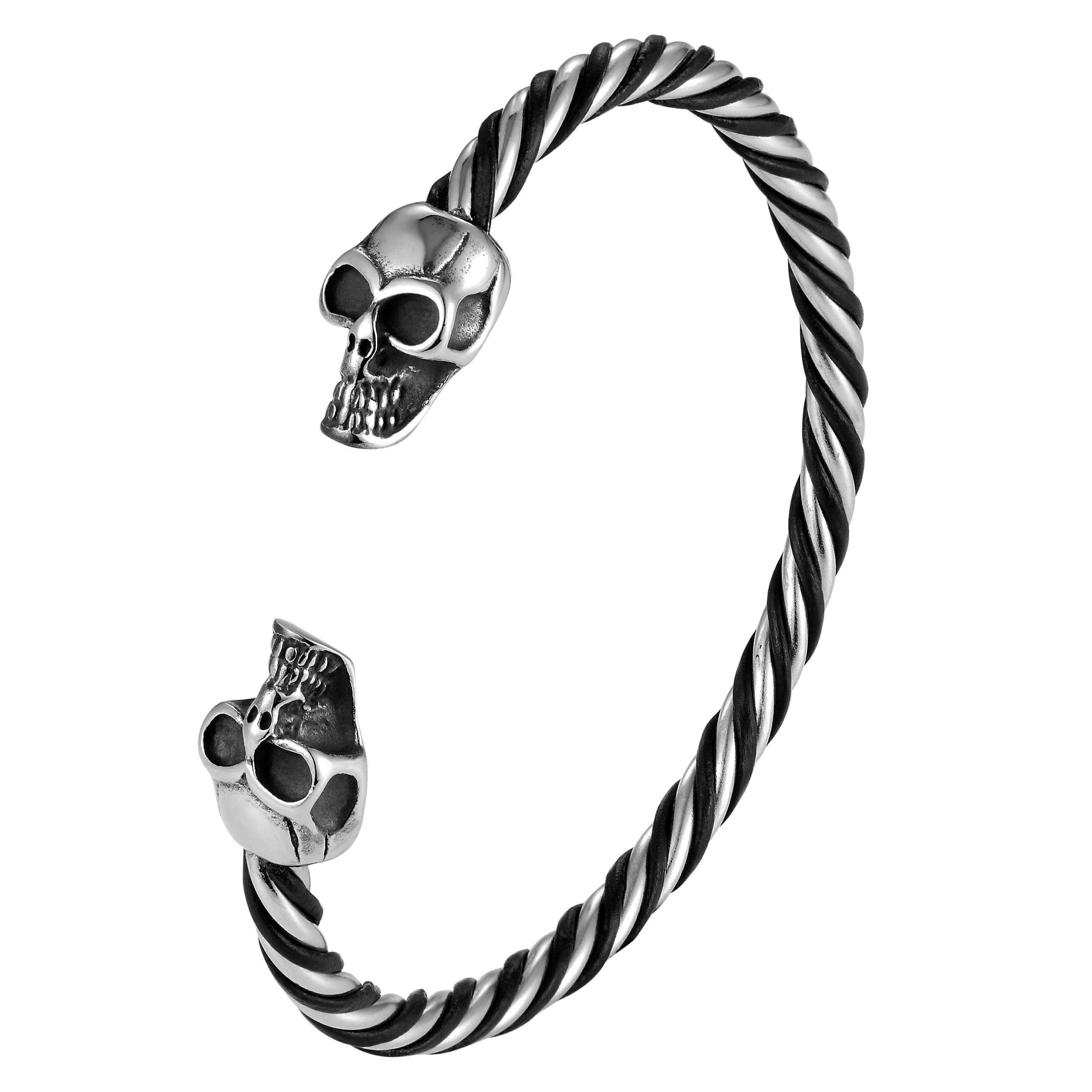 Bold Men’s Biker Bracelet – Skull, Wolf, and Foxtail Chain Designs in Polished Silver & Black Genuine Leather – Rust & Discoloration Resistant Stainless Steel – Jewelry Gift or Accessory for Men, 7.48