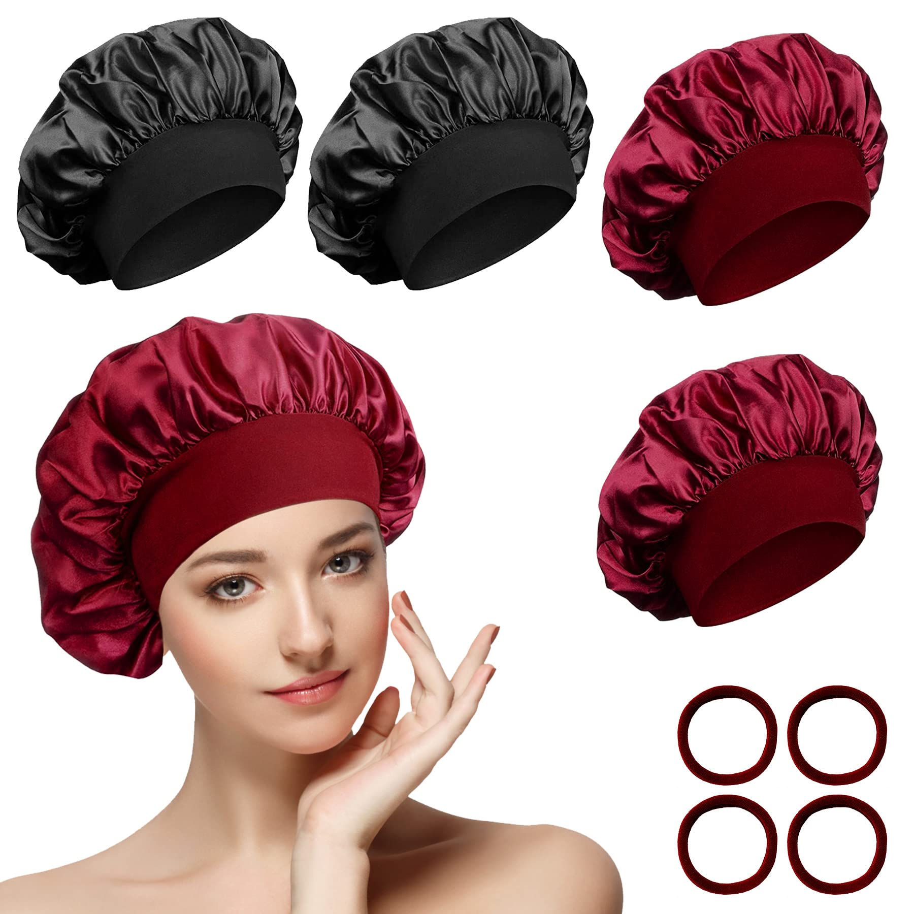 Pack of 4 Satin Hair Caps, Night Sleep Cap with 4 Hair Elastics, Sleep Cap, Hair Protect, Elastic, Reusable Bonnet Sleep Cap, Satin Bonnet Sleeping Cap for Women and Girls
