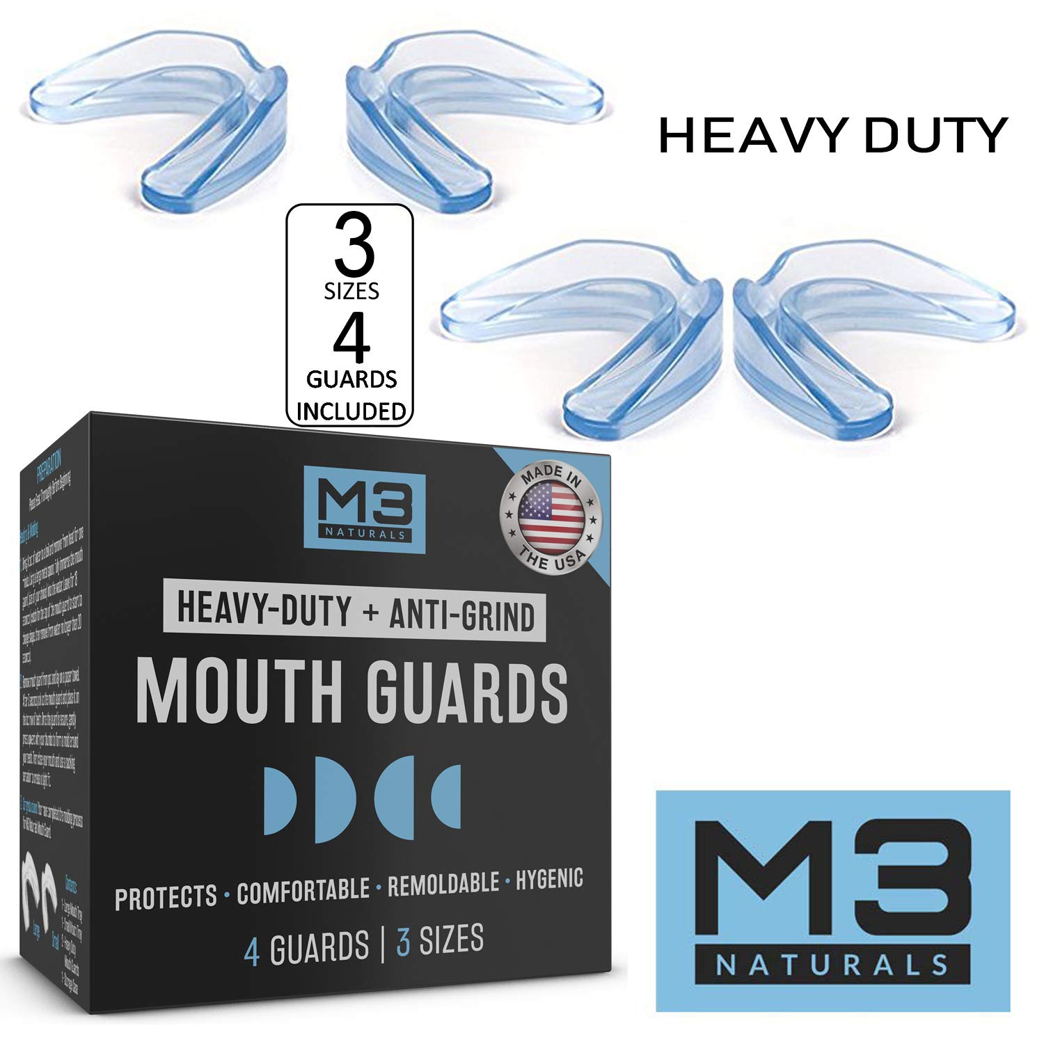 M3 Naturals Heavy Duty Mouth Guards for Teeth Grinding Clenching Bruxism Moldable Trimmable Retainer for Bite, Sleep, Sport Athletic, Mouthguard. Nightguard BPA Free 4 Guards 3 Sizes : Beauty