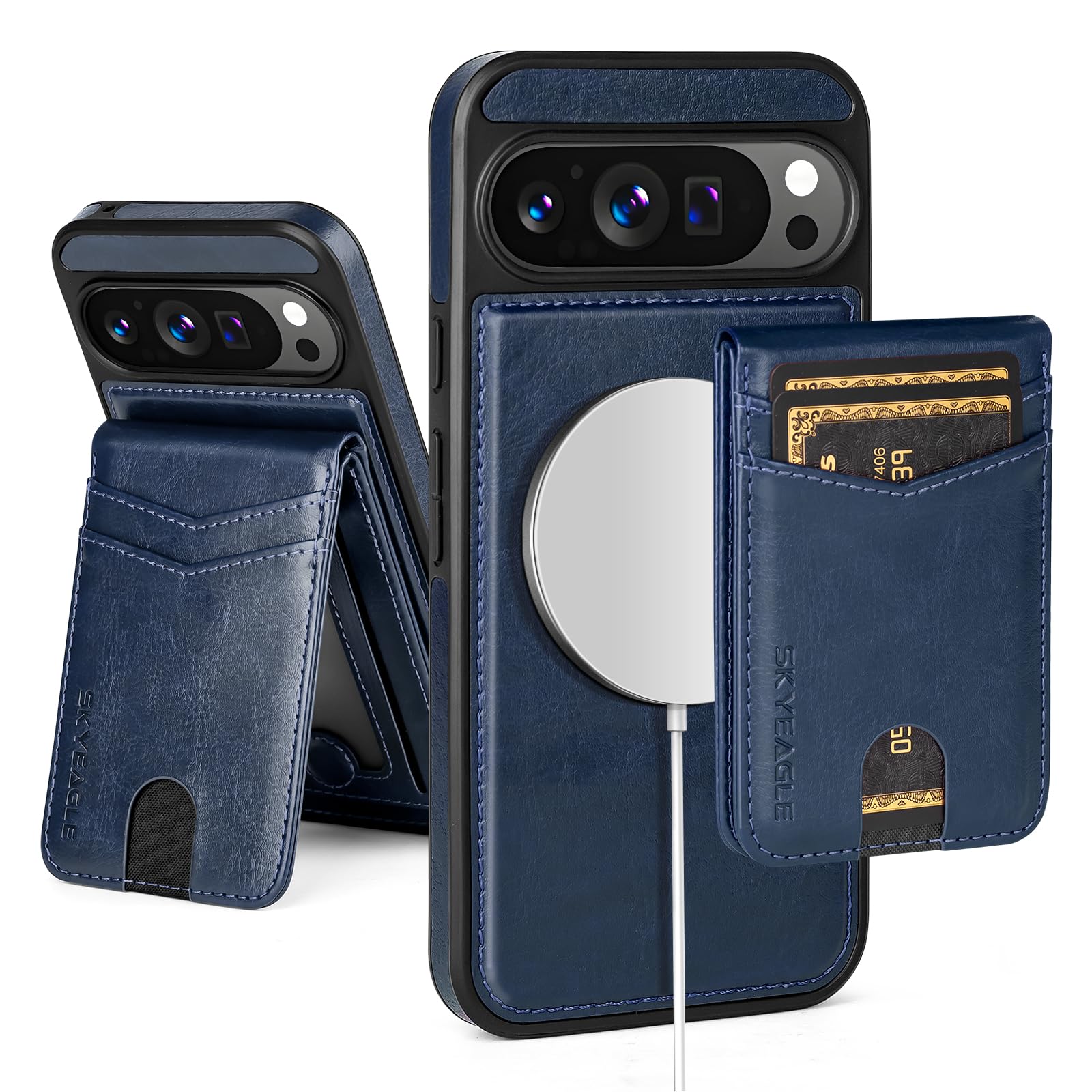 SkyEagle Compatible with Magsafe 2 in 1 Detachable Google Pixel 10 Pro XL 5G Wallet Case with Card Holder Women Men,Magnetic PU Leather RFID Blocking Shockproof Flip Kickstand Credit Slots,Blue
