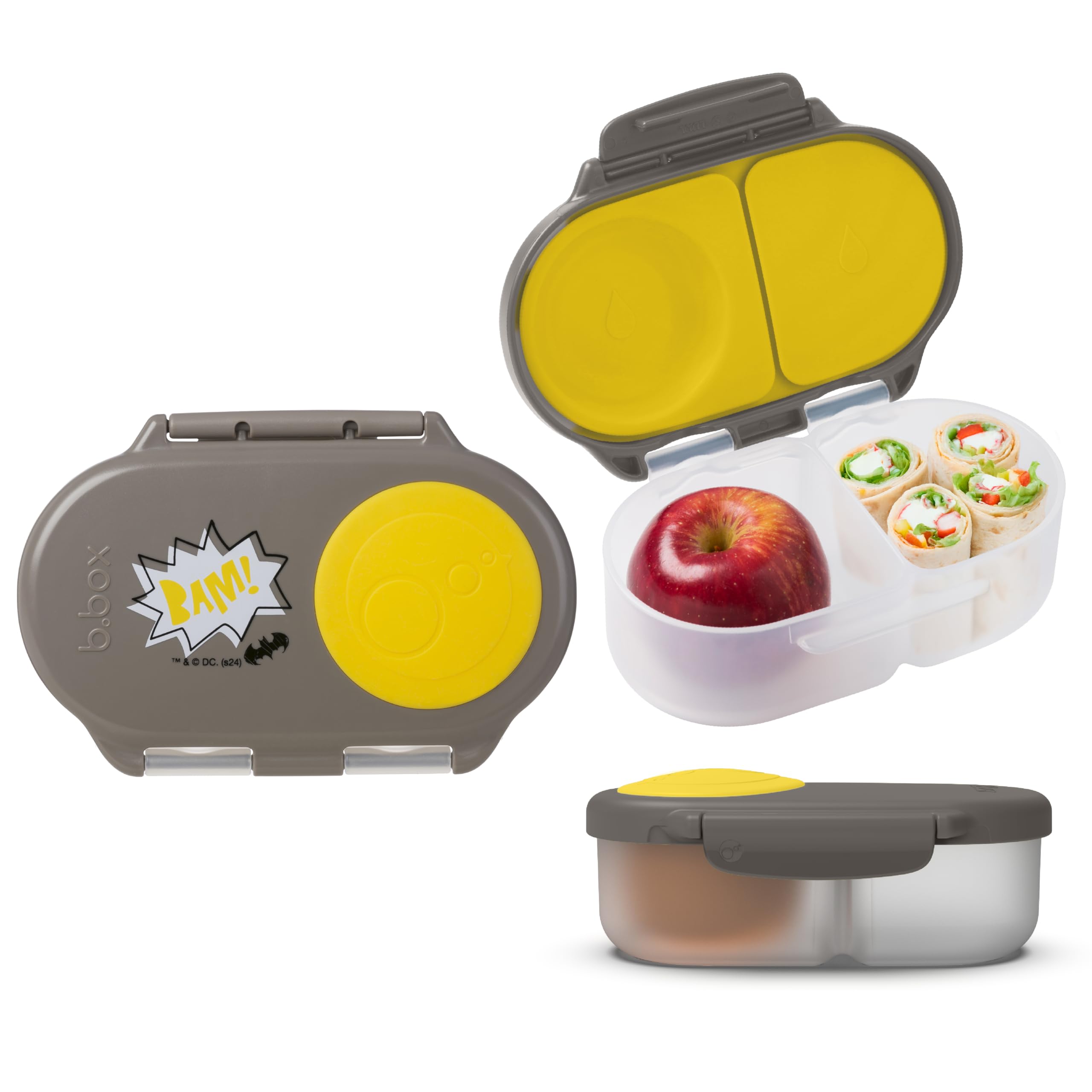 b.box Batman Snack Box - Leakproof 2 Compartment Snack Containers for Kids, Mini Bento Box for Kids & Toddlers, Lunch Containers, Dishwasher Safe, BPA Free, PFAS Free, Ages 4m+, 1.75 Cup Capacity