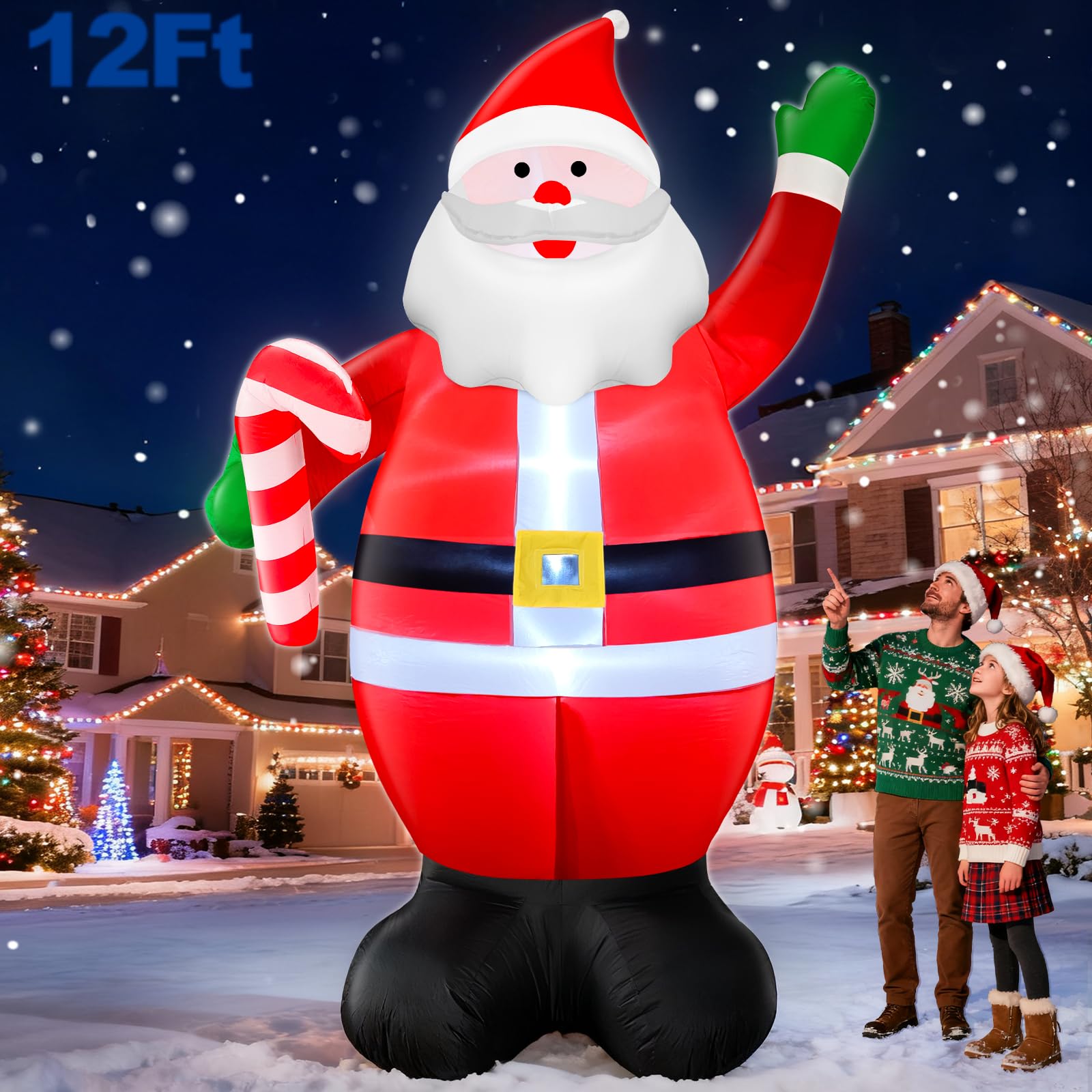 Photo 1 of 12 Ft by 7 Ft Giant Christmas Inflatables Santa Claus Christmas Decorations Outdoor, Blow Up Santa Holds Candy Cane with Built-in LED Lights Tethers Stakes for Yard Lawn Garden Holiday Party Decor