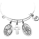 Saint Gerard and Saint Anne Bracelet – Catholic Medal Charms with Cross and Faith Disc – Adjustable Silver Religious Bangle Jewelry