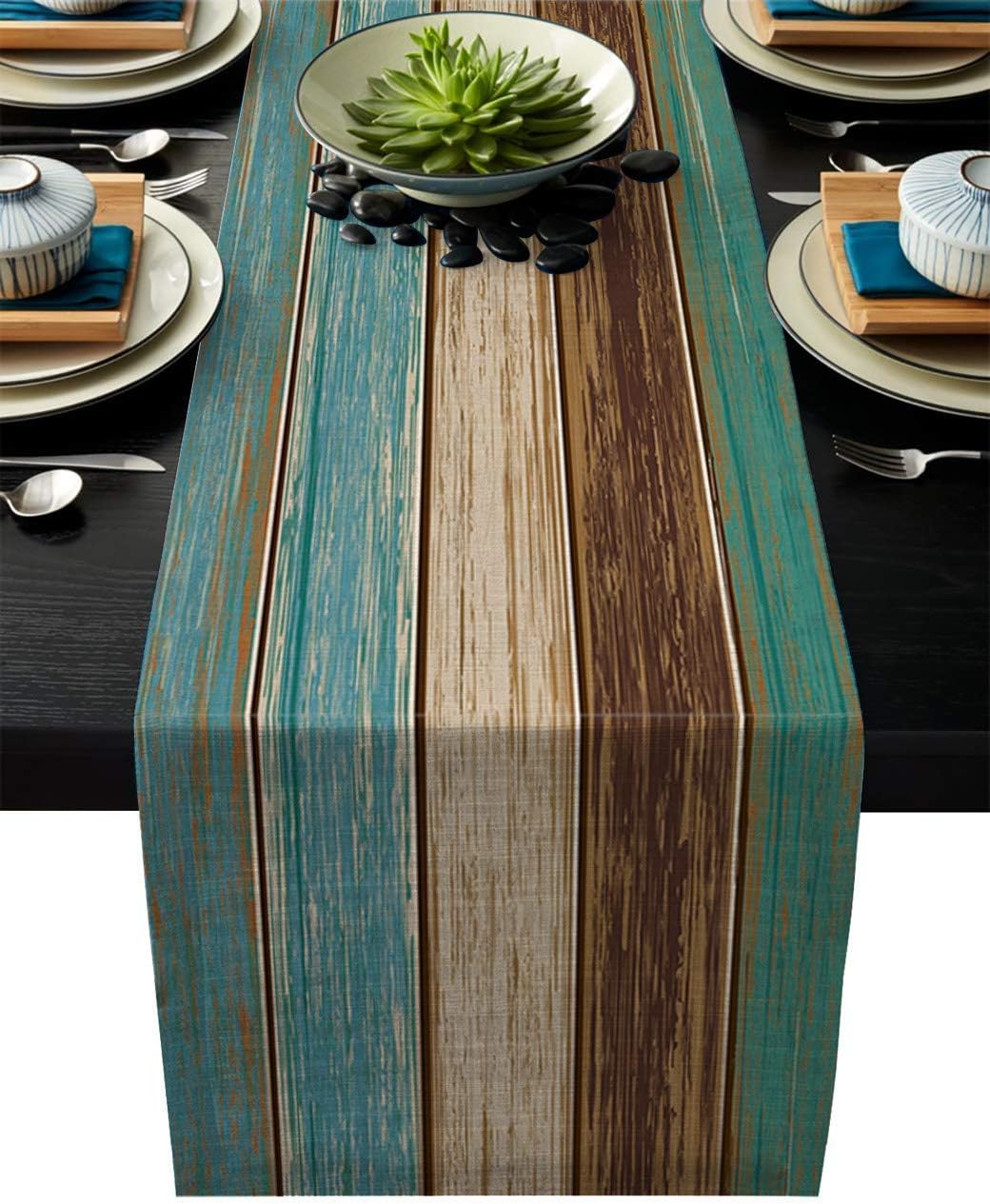 Vandarllin Cotton Linen Table Runner Dresser Scarves Retro Rustic Barn Wood&Teal Green Brown Non-Slip Burlap Rectangle Table Setting Decor for Wedding Party Holiday Dinner Home, (13X70 Inch): Home & Kitchen