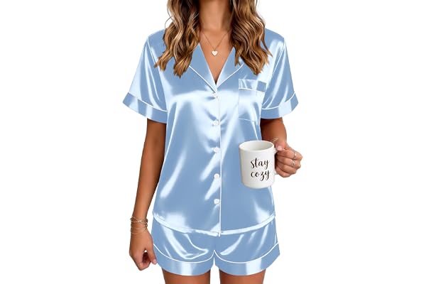 Ekouaer Satin Pajamas for Women Silk Pjs Short Set 2 Piece Button Up Lounge Sets Short Sleeve Sleepwear S-XXL