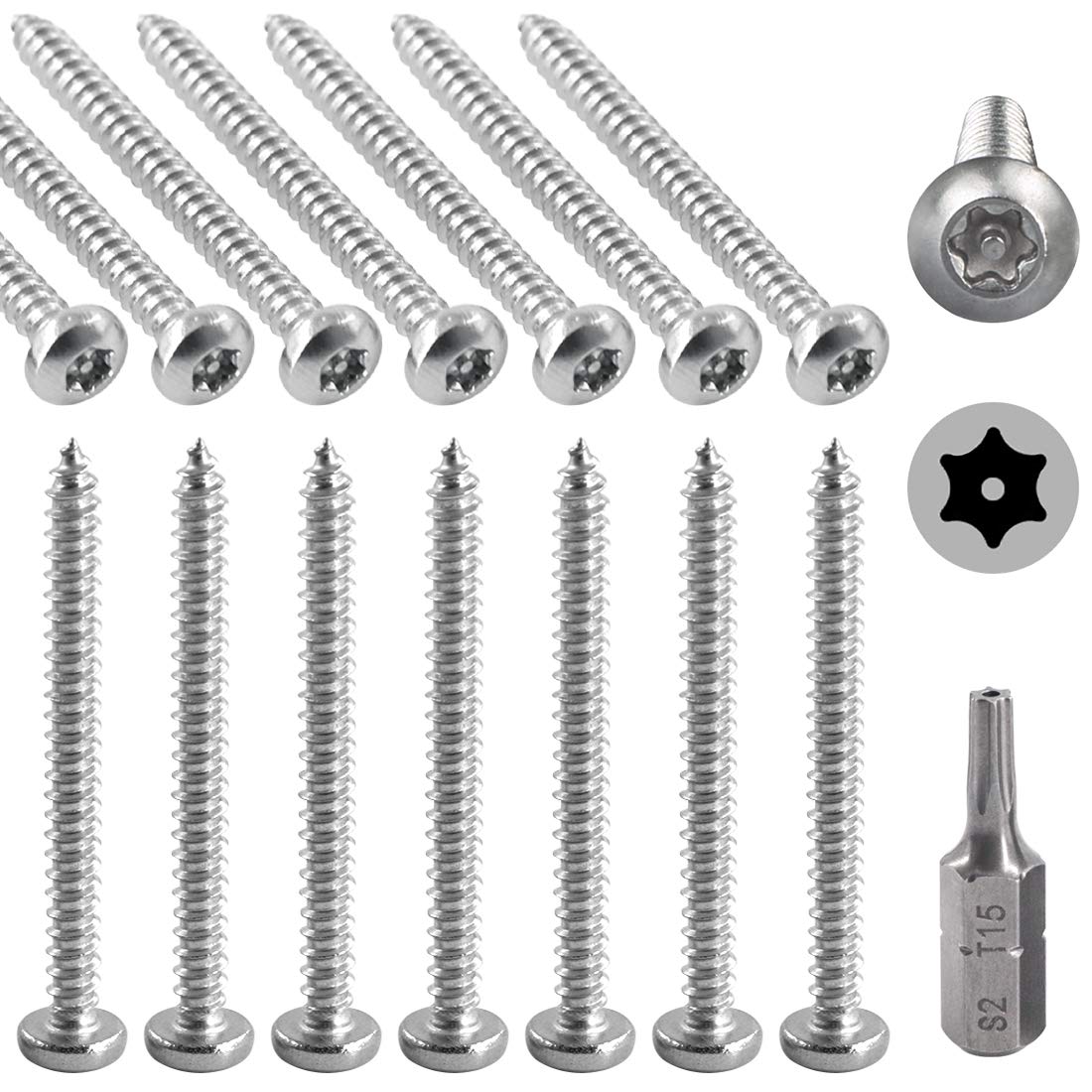 Hilitchi 50Pcs M3.5 x 38mm Stainless Steel Button Head Torx Silver Security Screws Sheet Metal Screws Anti-Theft Tamper Proof with Bit T15