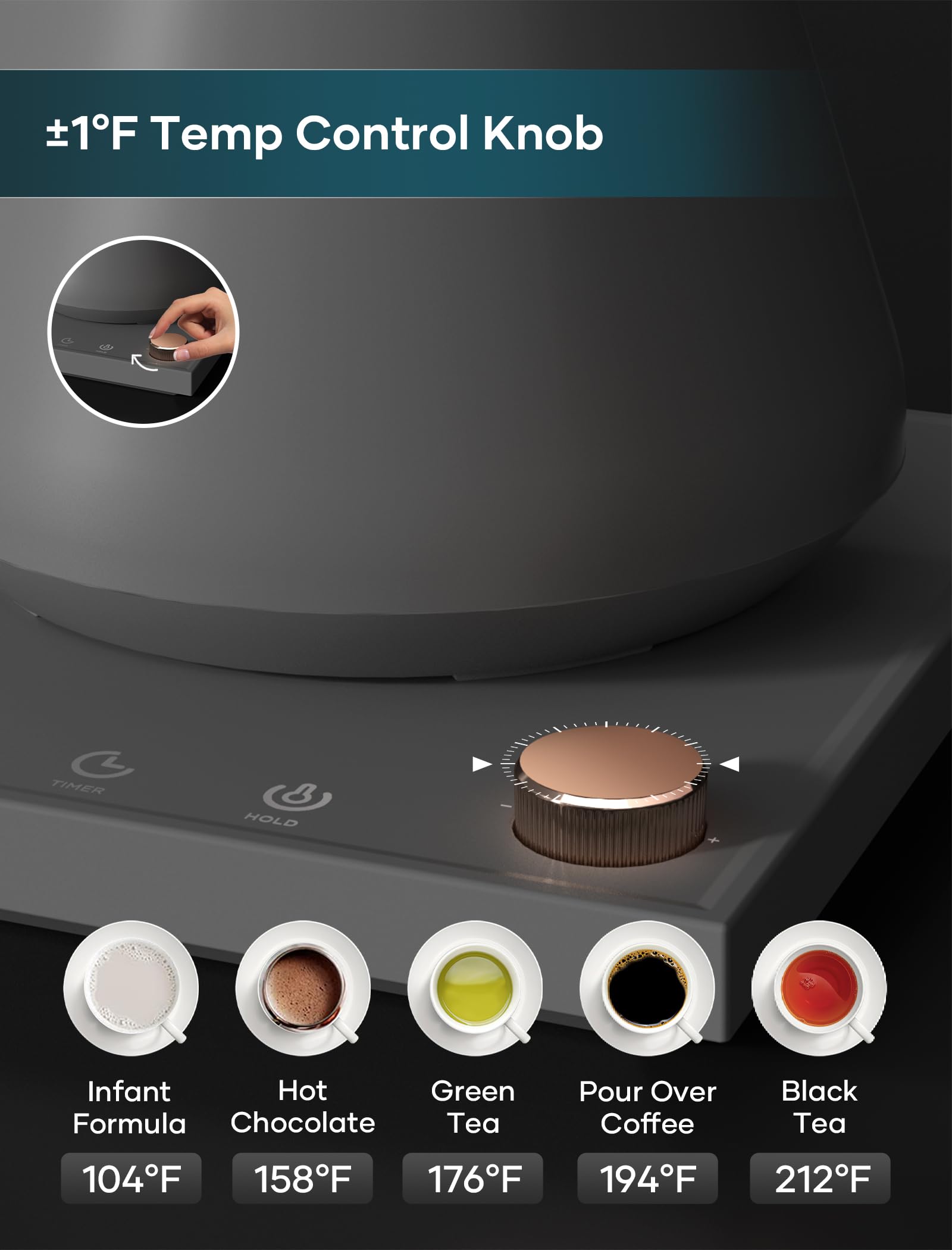 INTASTING Hervidores eléctricos, hervidor eléctrico de cuello de cisne, control de temperatura ±1 ℉, interior de acero inoxidable, calentamiento rápido, para verter sobre café, preparar té, hervir agua caliente, 0,9 L gris oscuro