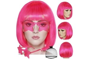 ANOGOL Hair Cap + (Sunglasses) Hot Pink Bob Wig with Bangs Womens Hot Pink Wigs with Star Shape Sunglasses Short Neon Wig Party Outfit Fun wigs for Women Halloween Costume Night Club Bachelorette Hair