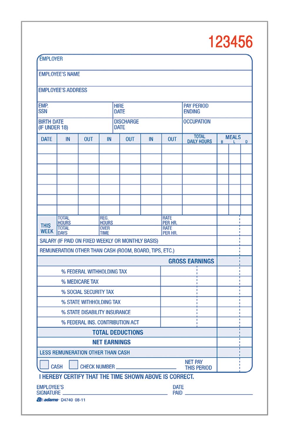 Adams Employee Payroll Record Book, 2 Part, Carbonless, 4.
