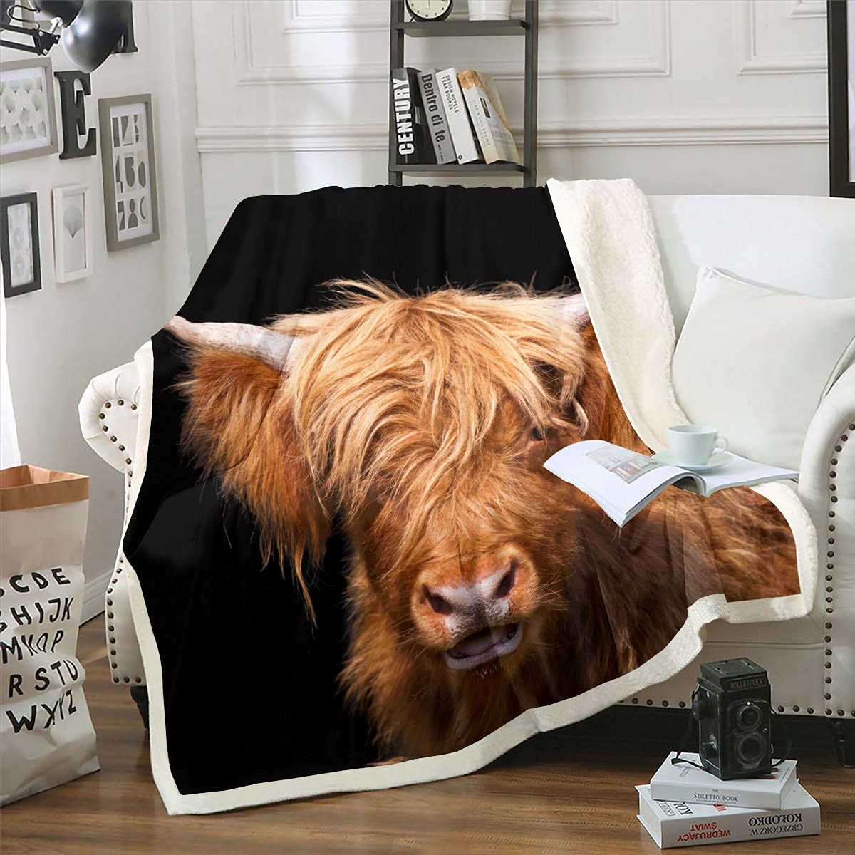 Loussiesd Highland Cow Sherpa Throw - Longhorn Cattle Fleece for Kids, Boys, Girls - Western Animals Fuzzy Blanket for Sofa, Bed - Farm Animals Plant Brown Black, Double 60x79 Inch