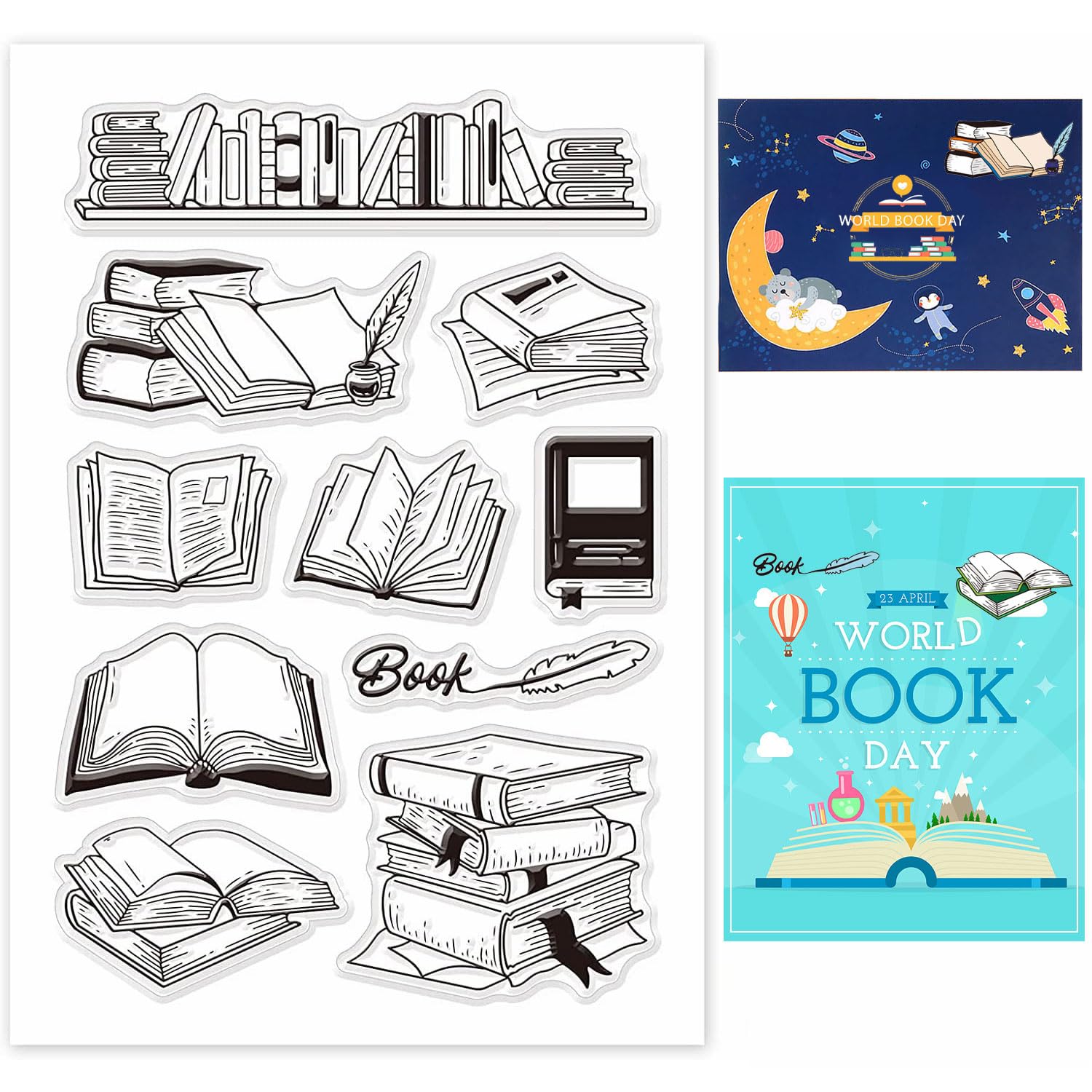 GLOBLELAND Book Pattern Silicone Clear Stamps Acrylic Stamps for Card Making and DIY Scrapbooking Embossing Album Decor Craft, 160 x 110 mm