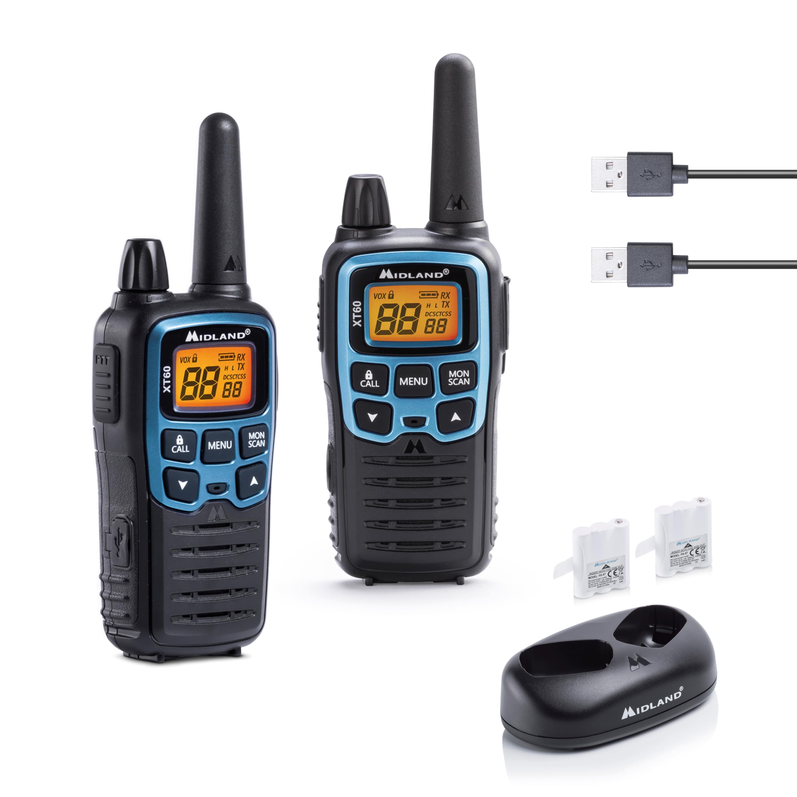 Midland - Walkie Talkie XT60, Professional Long Range Walkie Talkies, 93 Channels, 69 LPD/24 PMR446 Licence-Free 2 Way Radio, 38 CTCSS/83 DCS, 10Km Range, Fast Charging, 12H Battery Life & Accessories