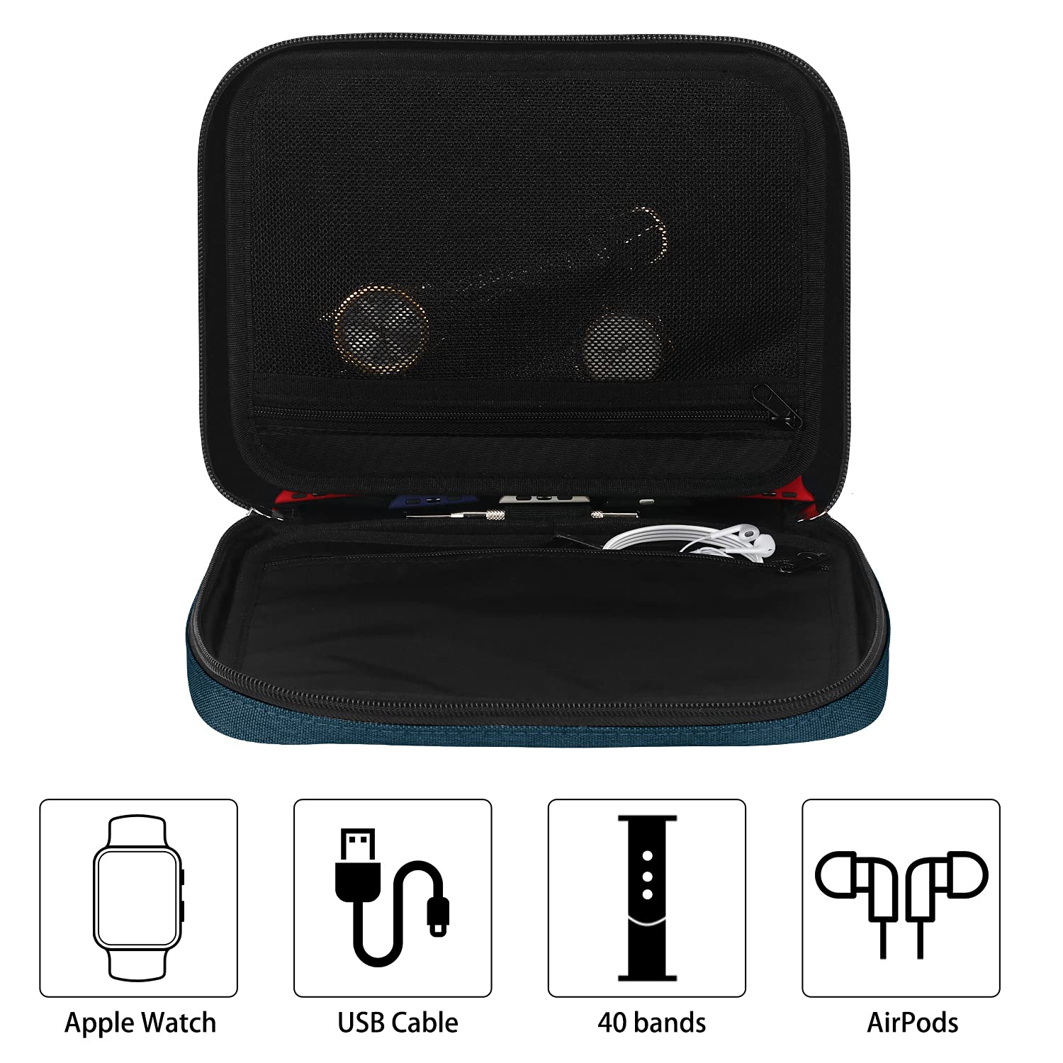 SIMBOOM 40 Watch Bands Storage Bag, Nylon Spill-resistant Watch Band Organizer Bag Carrying Case Travel Watch Straps Carrying Bag Pouch Compatible with Apple Watch Bands, Watch Band Pin, Cable-Blue