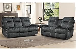EBELLO 2 Pieces Manual Reclining Couch Furniture Set for Living Room, 2 Seat Loveseat and a 3 Seater Sofa, Vintage Rivet Mid-Century Design for Living Room, Grey