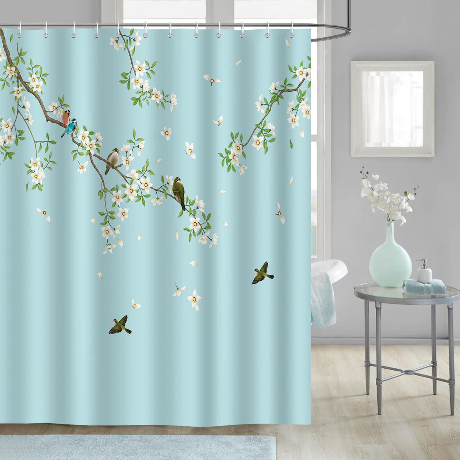Bonhause Birds and Flowers Shower Curtain 180 x 180 cm Blossom Floral Bathroom Curtain Mildew & Mould Resistant Polyester Fabric Bath Curtain with 12 Hooks