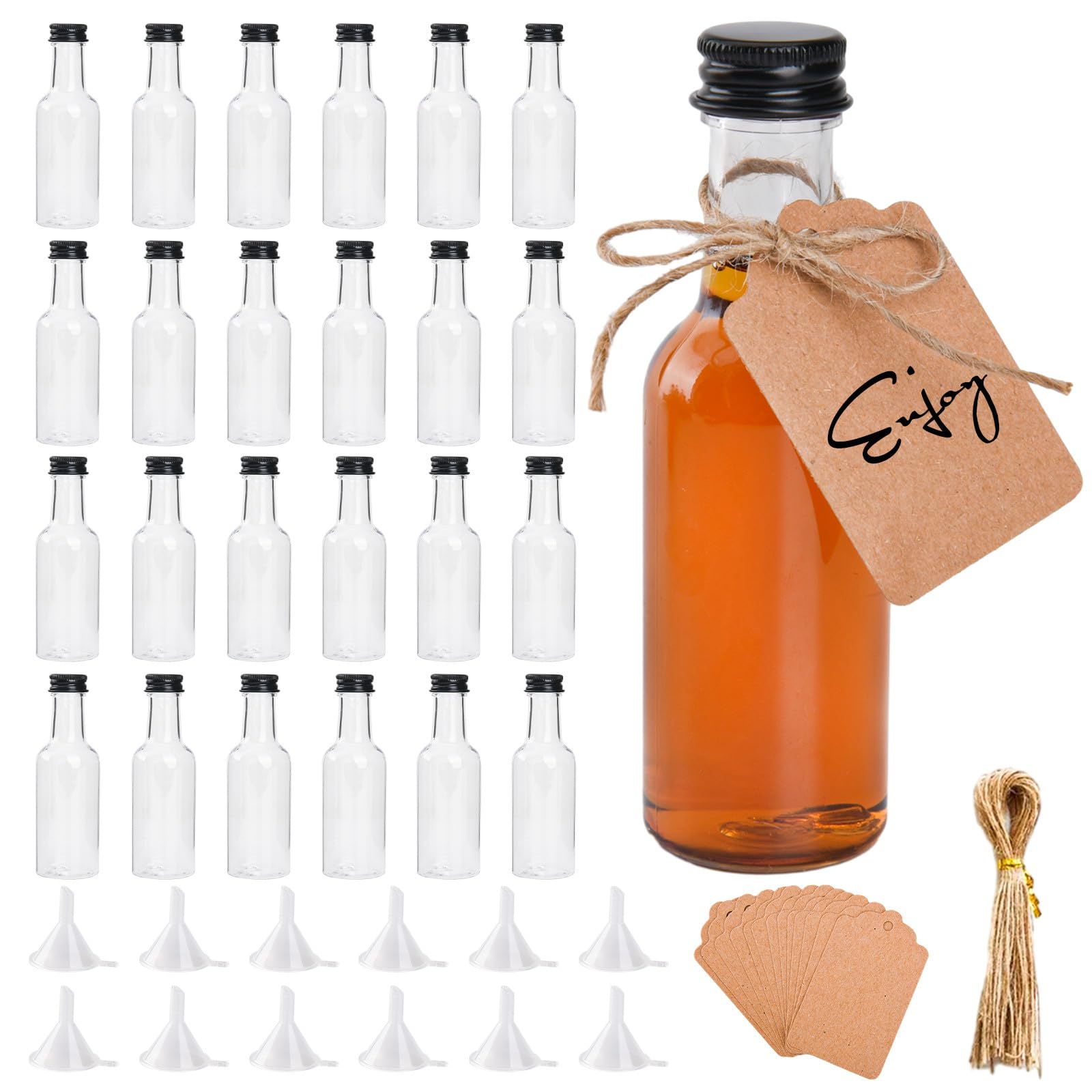 24 Pack 50ml Mini Liquor Bottles with Lids, Small Plastic Miniature Alcohol Shot Bottles - 12 Funnels, Brush, 24 Tag and Ropes - Reusable for Wine, Juice
