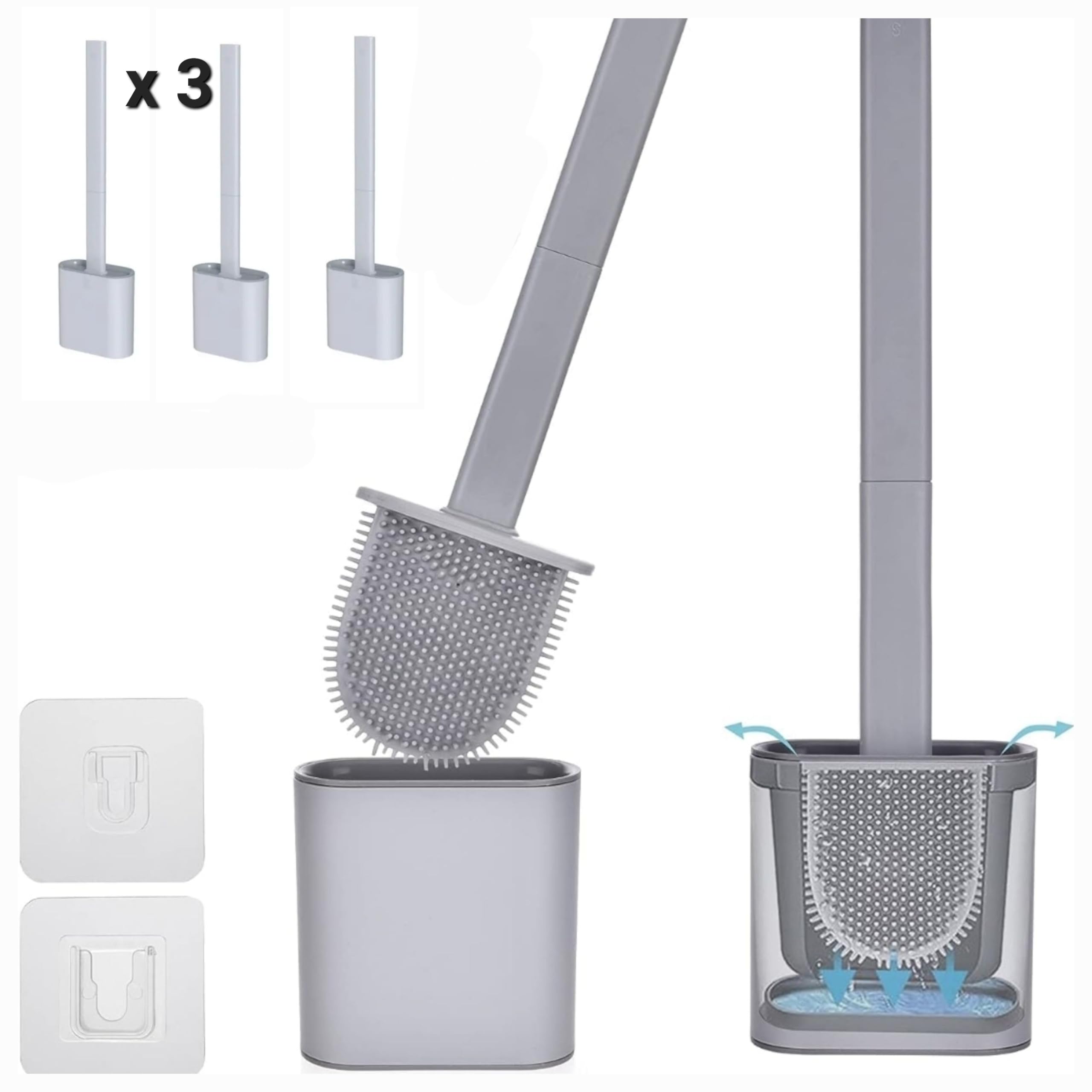 KWIK CLEAN Grey 3 pack Deep Clean Silicone Toilet Brush & Quick Dry Anti-drip Holder, Flexible No scratch Bathroom Brush Long Non-Slip Handle for Easy Cleaning, Durable Toilet Brush Set With Holder