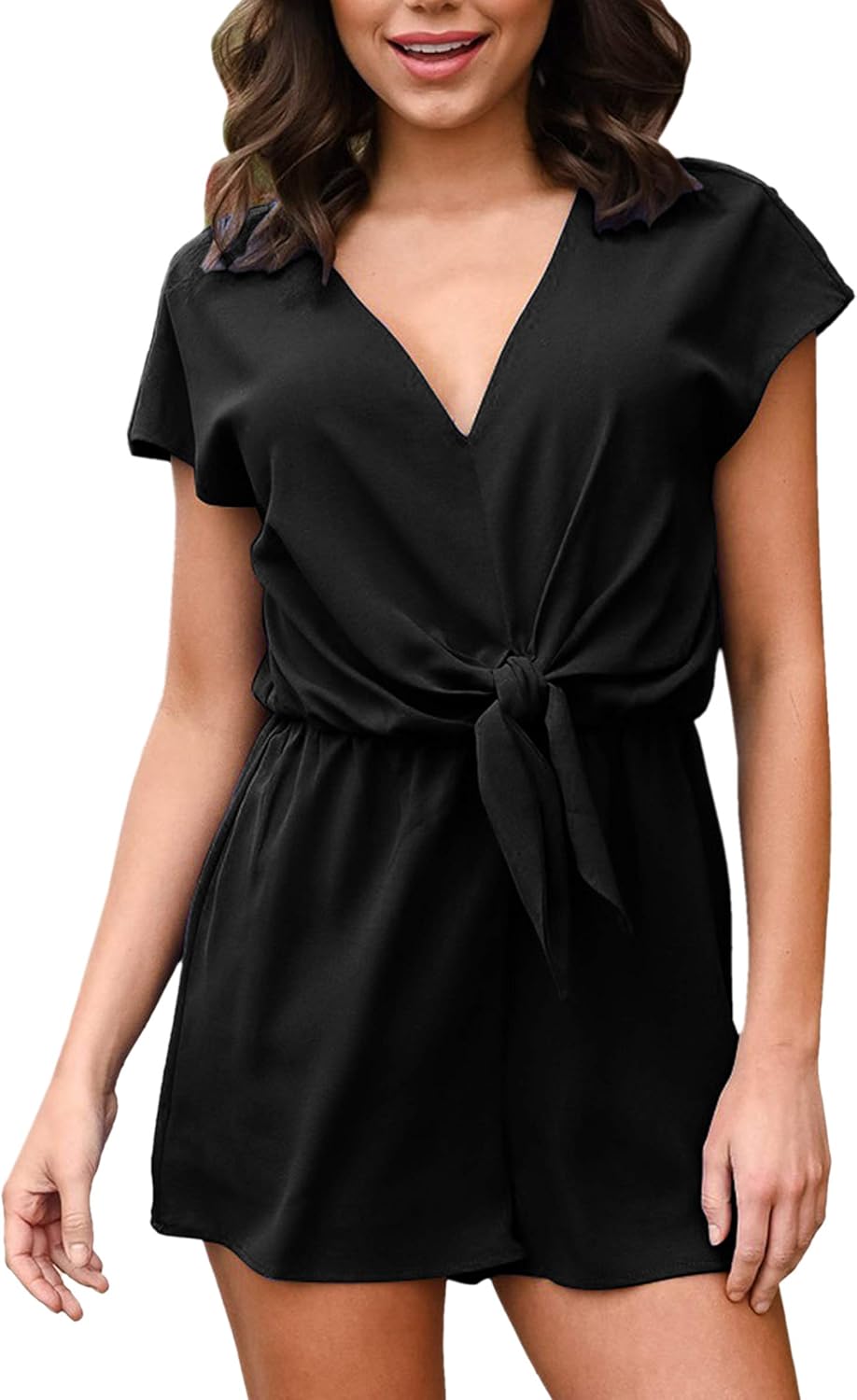 Spec4Y Damen Sommer Jumpsuit Kurz VAusschnitt Overall Kurzarm Weites