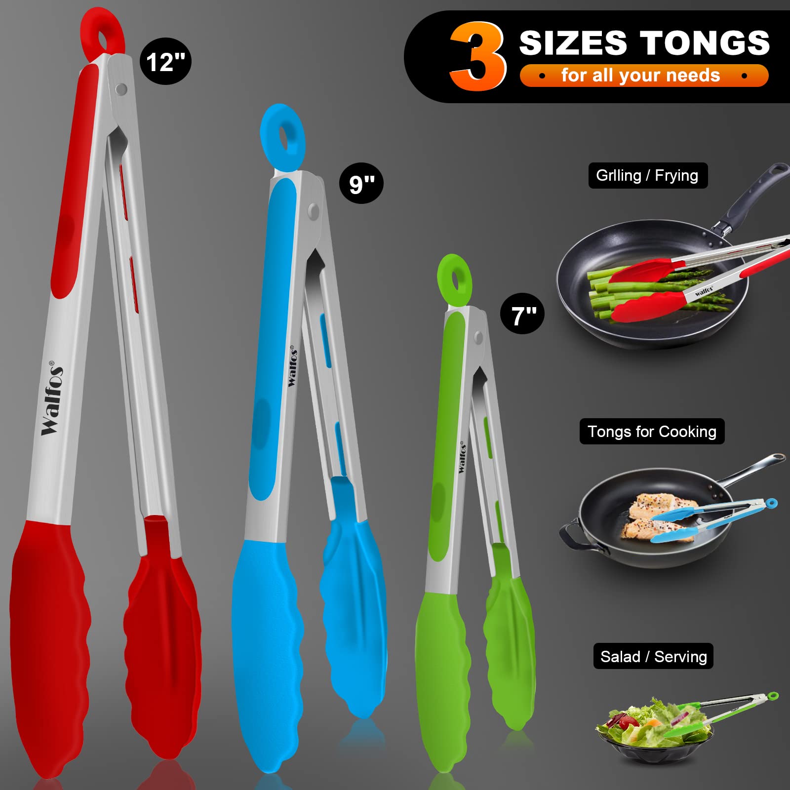 Walfos Silicone Tongs for Cooking - Heat Resistant kitchen tongs for Salad,Cooking, Grilling,Stainless Steel and BPA Free Silicone Tips set of 3 (7