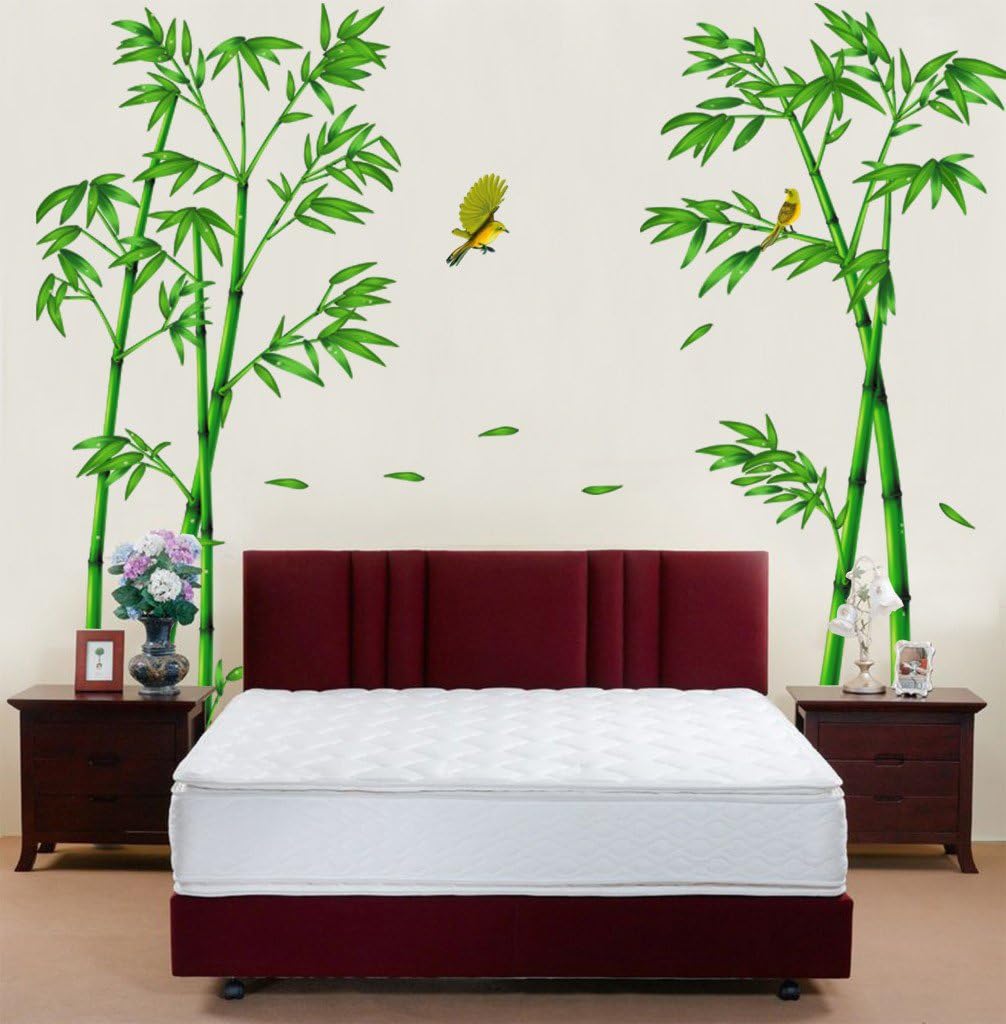 ufengke® Chinese Stytle Green Bamboo and Bird Wall Decals, Living Room Bedroom TV Wall Removable Wall Stickers Murals - Image 5