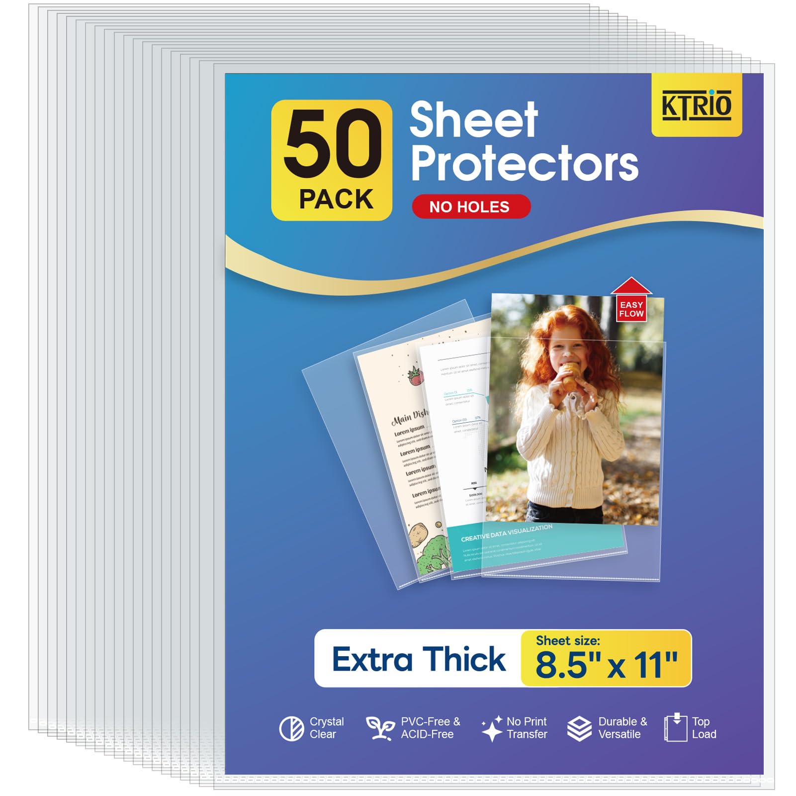 Photo 1 of KTRIO No Holes Sheet Protectors 8.5 x 11 Inch Heavy Duty Clear Page Protectors, Plastic Paper Document Sleeves, Letter Size, Top Loading, Acid Free, 50 Pack