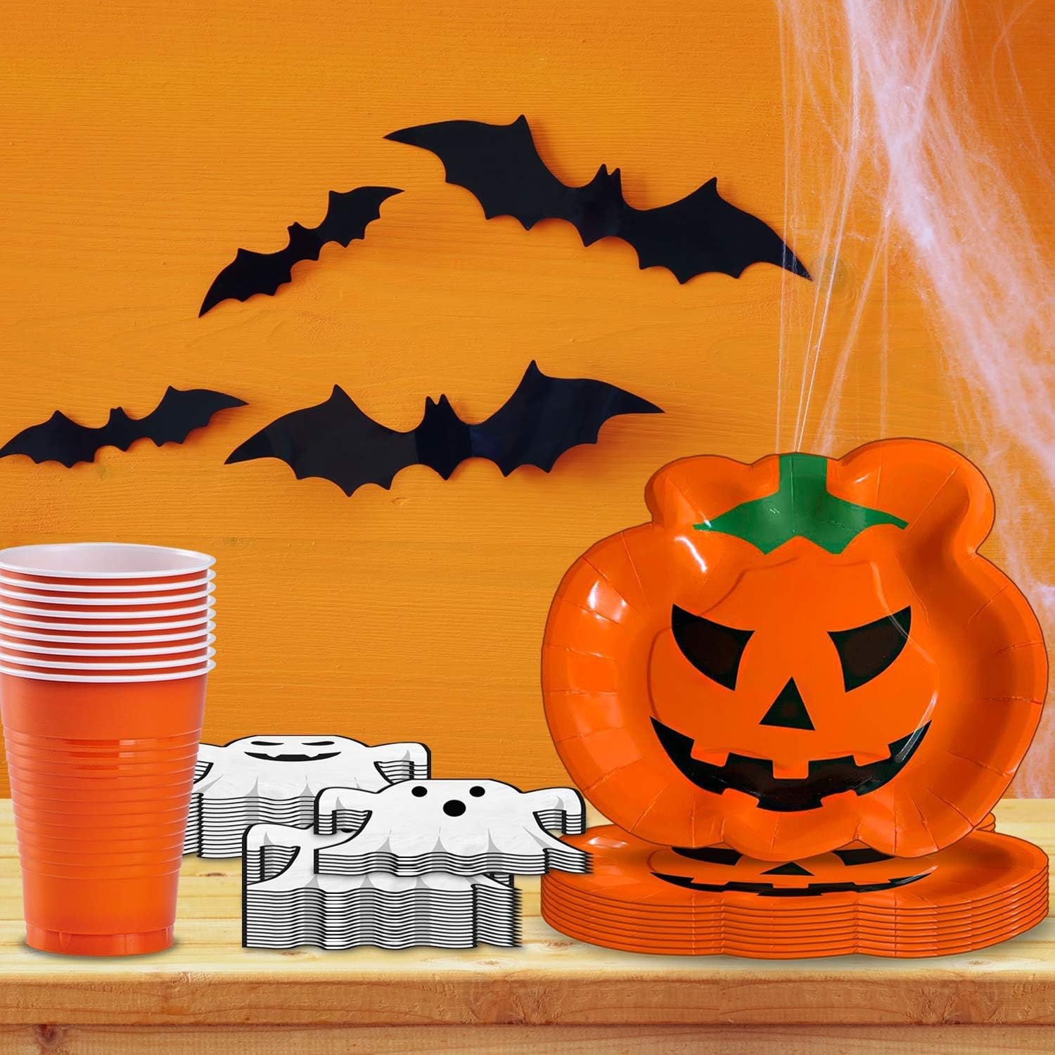 Halloween Party Supplies for 40 - Pumpkin Shaped Plates, Ghost Shaped Napkins, Orange Plastic Cups 12oz - Disposable Halloween Decorations and Tableware for Parties: Health & Personal Care