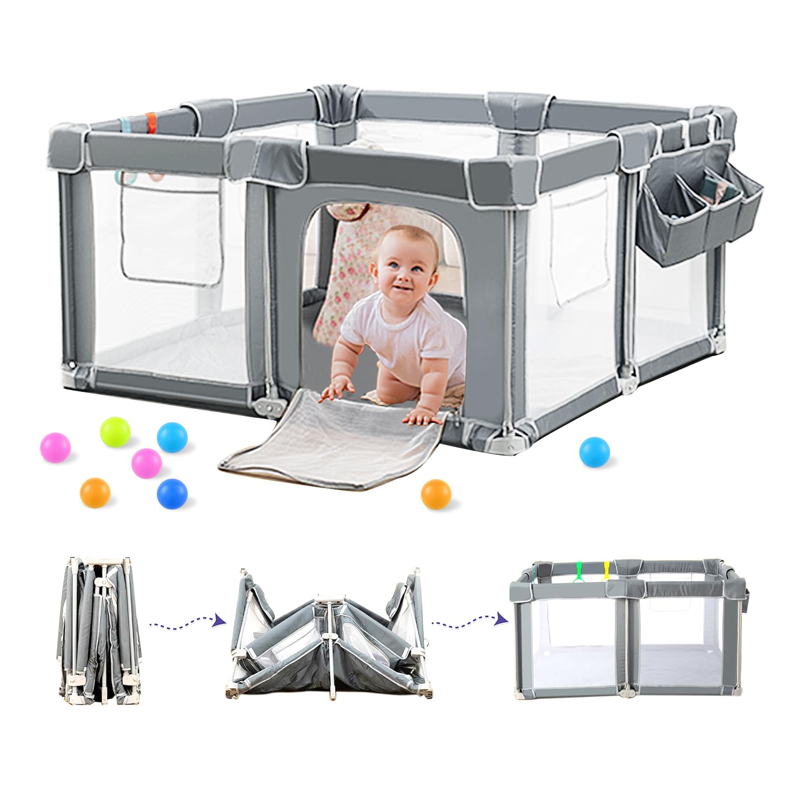 Photo 1 of ***IMAGE REFERENCE***CAPAKIDS Foldable Baby Playpen 59"×71" with Mat, Out-of-The-Box Ready Playpen for Babies and Toddlers, Portable Play Yard with Breathable Mesh & Gates, Storage Bag & 4 Handlers for Indoor & Outdoor
