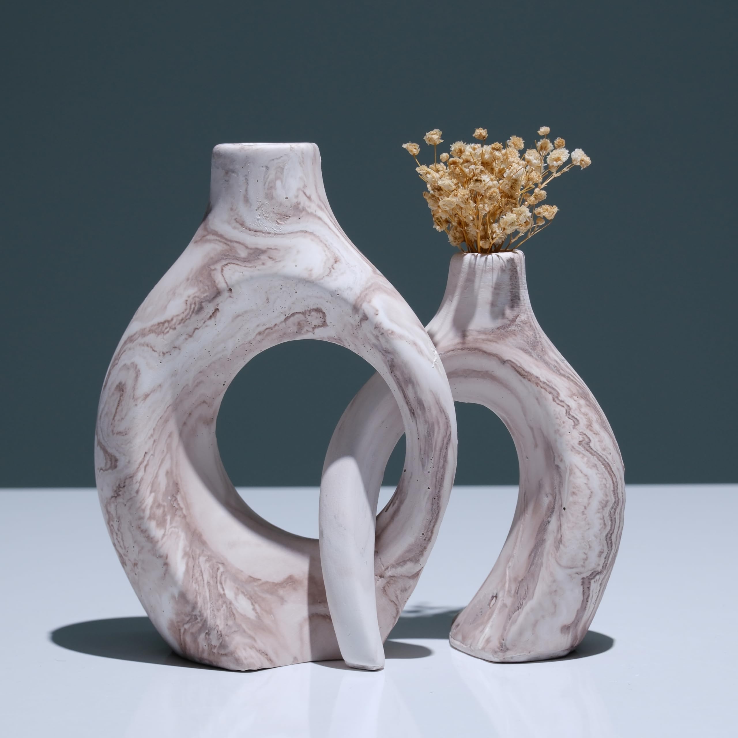Photo 1 of Concrete Floral Vase Set - Modern Circle Vases for Home Decor - Aesthetic Vases for Living Room Bedroom and Coffee Table - Minimalist Donut - Decorative Concrete (Snuggle - Brown)