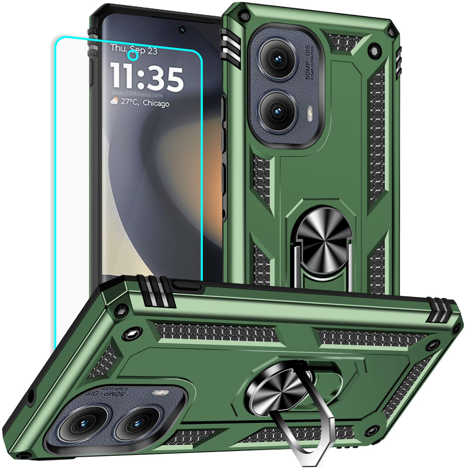 for Motorola Edge 2024 Case: with Screen Protector - Military Grade Protective Cases with Finger Ring Holder Kickstand for Moto Edge 2024(Army Green)