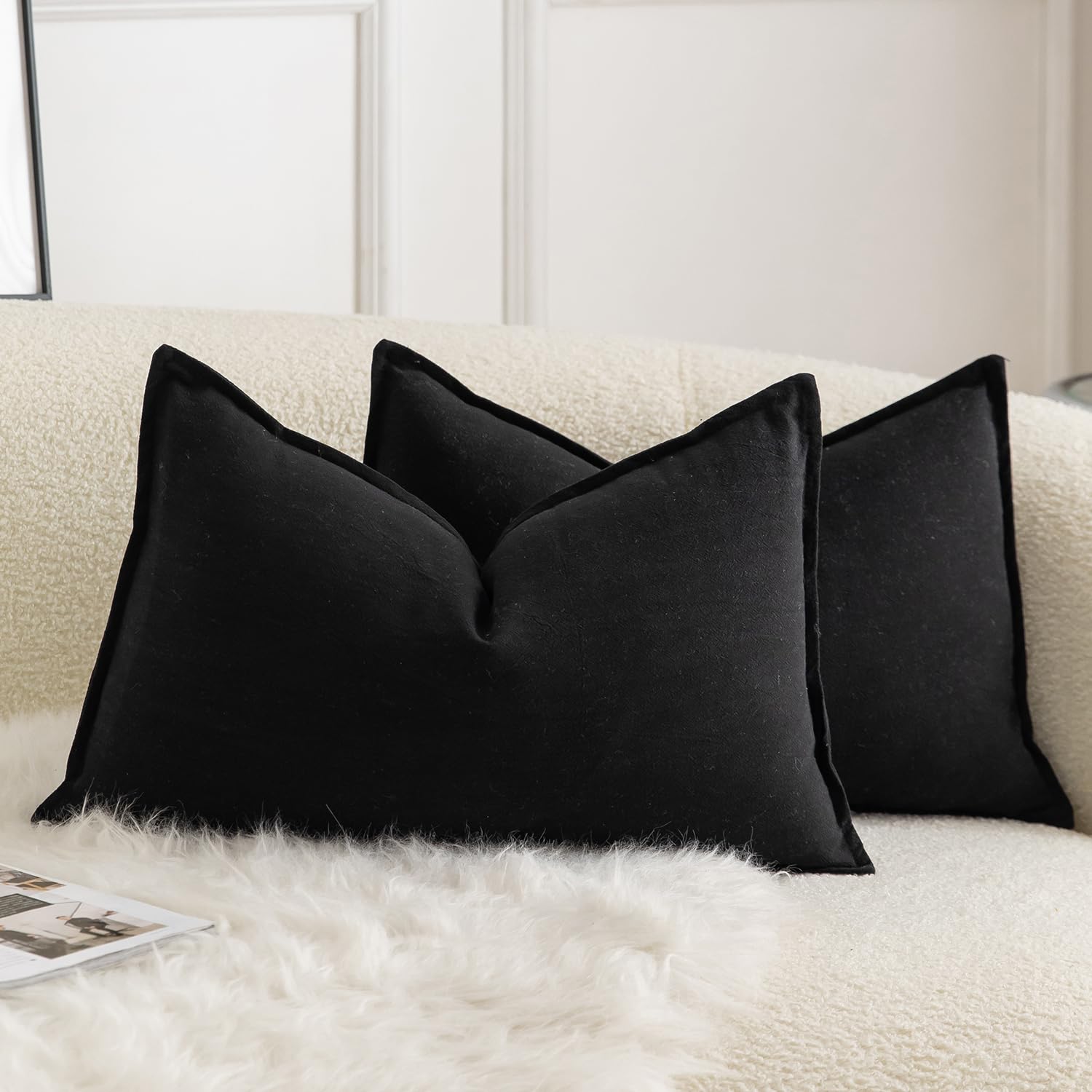 Mandioo Pack of 2 Neutral cotton Cushion Covers 30x50 cm 12x20 inch Solid Decorative Couch Throw Pillowcase Boho Farmhouse Home Decor for Sofa Living Room Bed Bedroom Black