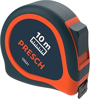 Presch Bandmaß 10m - Robustes Profi Maßband vernietet mit Gürtelklemme und Aufrollsystem - Rollmeter 10m mit Feststeller