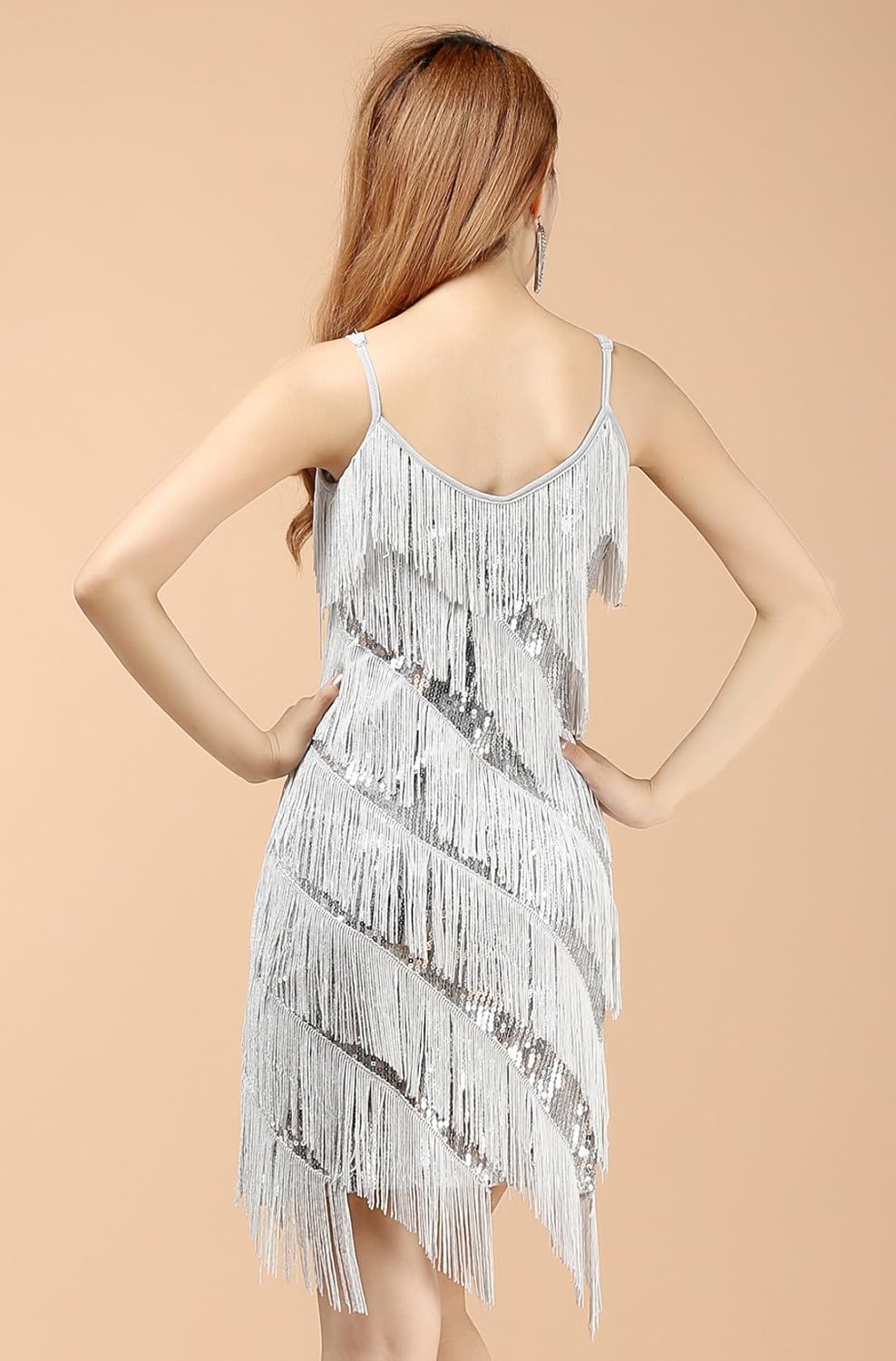 Women Sexy Latin Dance Dress Sparkling Sequins Tassels 1920s Vintage Flapper Dress Great Gatsby Party Costumes Silver: Clothing
