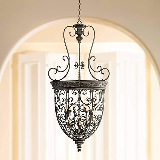 French Scroll Rubbed Bronze Foyer Chandelier 27 1 2 Wide Country