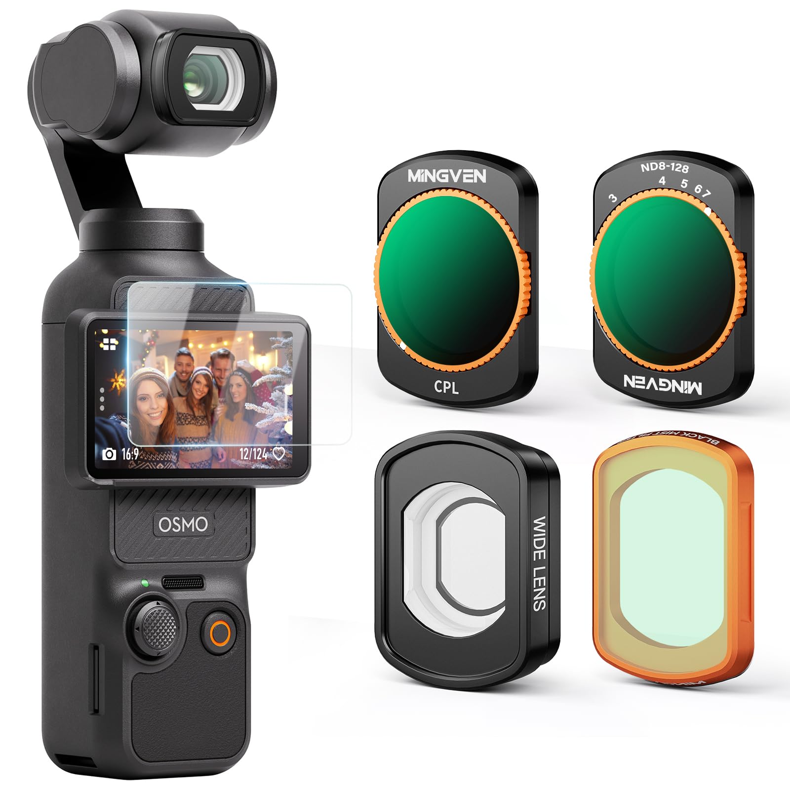 Photo 1 of MINGVEN Magnetic Wide Angle Lens + Black Diffusion 1/4 + CPL + Variable ND8-128 Filters Set for DJI Osmo Pocket 3, 4 Pack (Wide-Angle Lens, CPL, Black Diffusion 1/4, VND 3-7 Stops Filter)