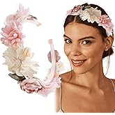 Jaczora Floral Headband, Pink and Ivory Mesh Flower Hair Accessory, Handcrafted Butterfly Design for Women, Special Occasions, Wedding, Party, Daily Wear